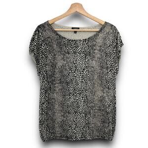 Talbots Cheetah Animal Print Cap Sleeve Tee Black Cream Knit Top Small